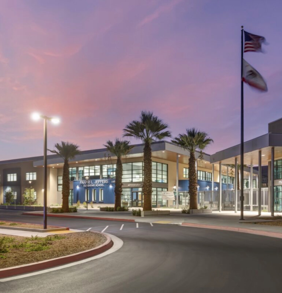 Fahari L. Jeffers Elementary School entrance illuminated at dusk