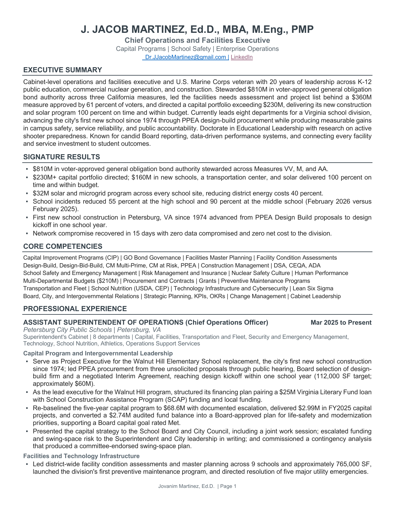 Executive résumé, page 1 of 3