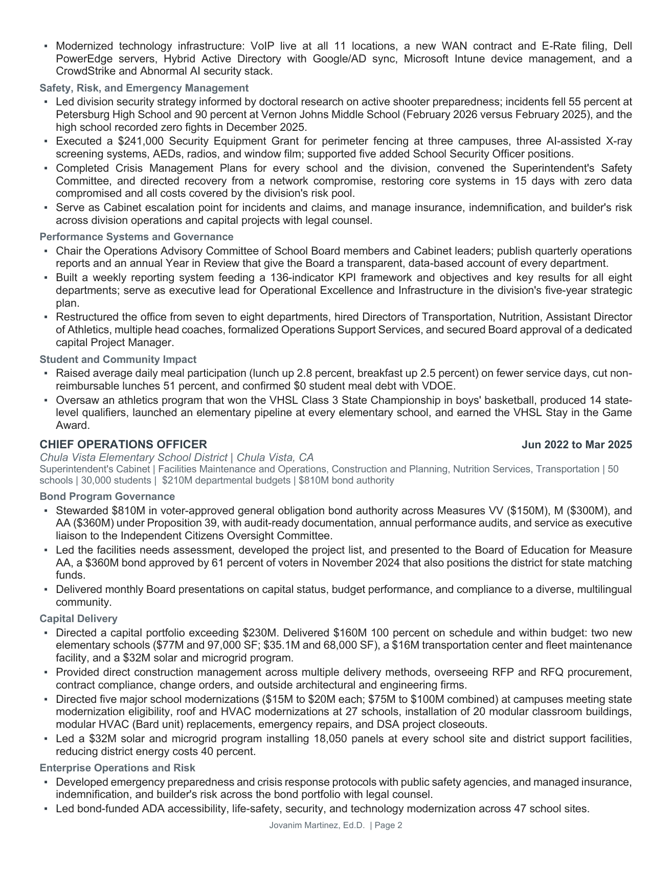 Executive résumé, page 2 of 3