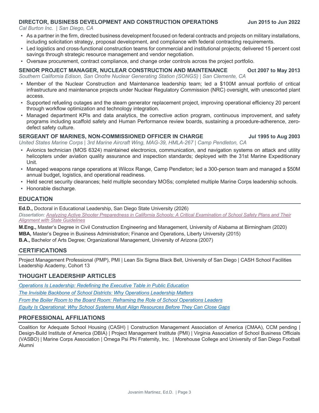 Executive résumé, page 3 of 3